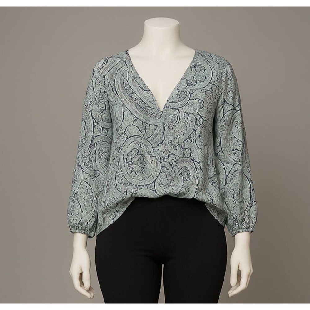 THE LIMITED Aqua Paisley Print V-Neck Long Sleeve Tunic Top Blouse Size small